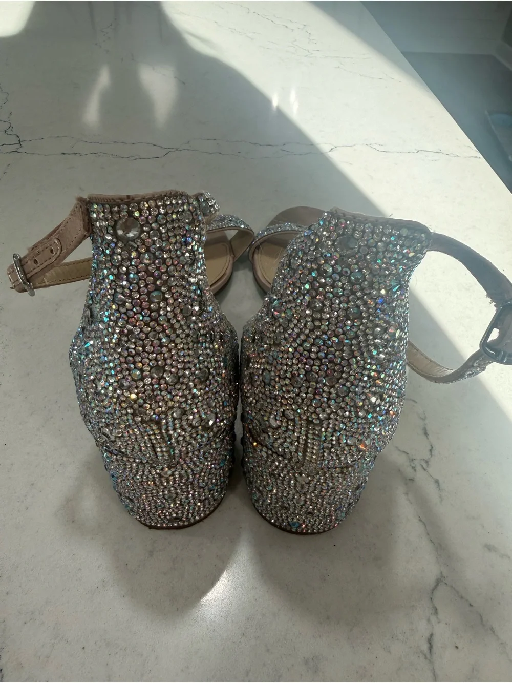 Betsey Johnson Beige Rhinestone Ankle Strap Block Heel Sandals Women's 8.5